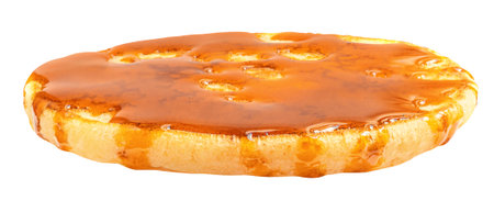 One Fluffy pancake isolated on white. Pancake poured with honey caramel syrup. Package design elementの写真素材