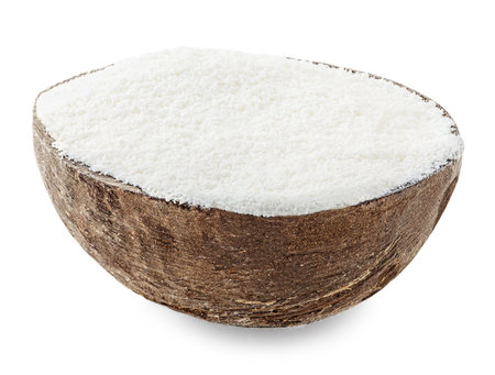 Vanilla Coconut cream isolated on white. Coconut Cream in a coconut shell close up.の写真素材