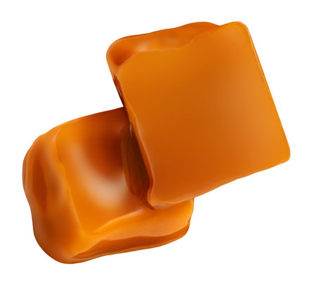 Caramel candies isolated on white. Caramel fudges flowing in milk caramel butterscotch sauce. Top viewの写真素材