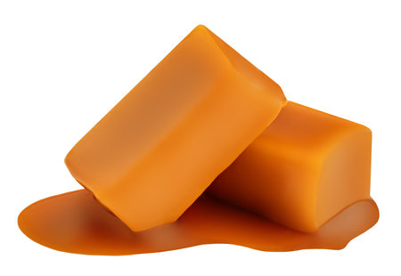 Caramel candies isolated on white. Caramel fudges flowing in milk caramel butterscotch sauce.の写真素材