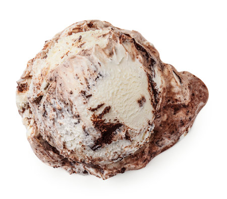 Vanilla ice cream scoop with chocolate pieces isolated on white. Coffee cream ice-cream ball top view, flat lay. Package design elementの写真素材
