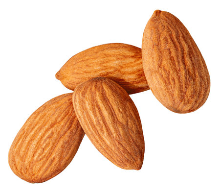 Almonds isolated on white background. Whole brown peeled almond nuts pile. Almonds Top view. Flat lay. Package design elementの写真素材