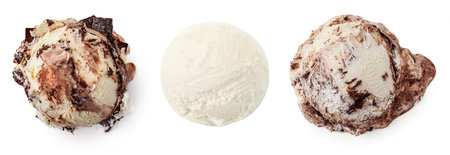 Set of chocolate and Vanilla ice cream scoops isolated on white. Creamy ice-cream balls top view, flat lay. Icecream Package design element. Collectionの写真素材
