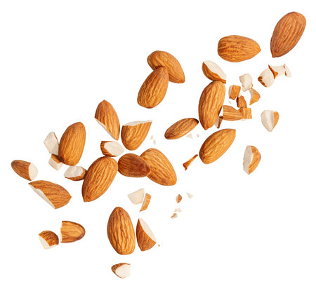 Raw Almond nuts levitating in air on white background. Isolated Falling crushed almonds nuts. Almonds explosion with crumbs. Collection. Almond design Setの写真素材