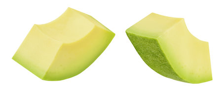 Avocado slice isolated on white. Organic Avocado piece. Macro real photo. Package design elementの写真素材