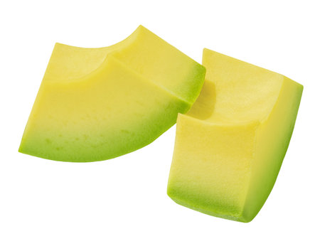 Avocado slice isolated on white. Organic Avocado piece. Macro real photo.の写真素材