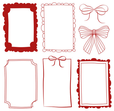 Hand-drawn line art collection of trendy modern frames and festive bows in classic Christmas red colorのイラスト素材