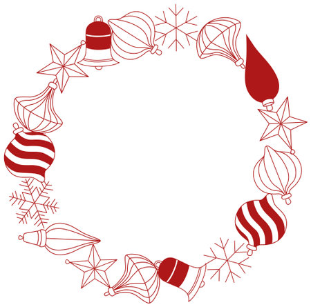 Hand-drawn Christmas wreath with Christmas tree ornaments and snowflakes in line art doodle styleのイラスト素材