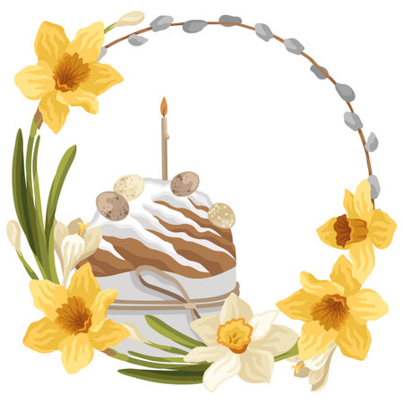 Hand-drawn spring Easter card with floral wreath made of  willow, daffodil flowers, crocus and...