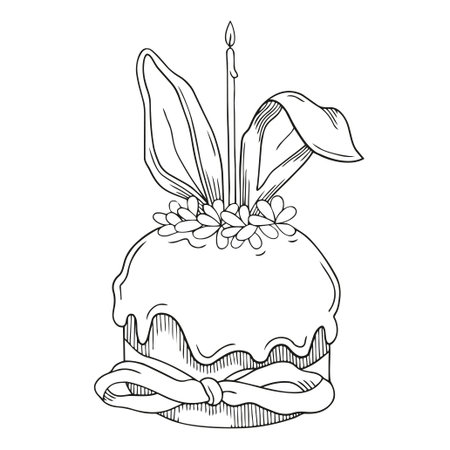 Hand-drawn illustration of Easter cake with bunny ears and candle in graphic detailed sketch style...