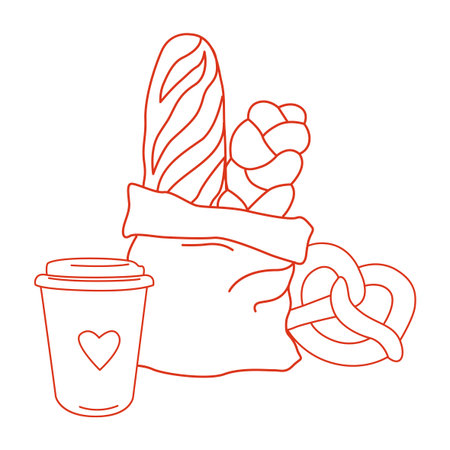 Hand-drawn bread loaves such as baguette and braided bread and takeaway paper coffee cup and pretzel composition for bakeryのイラスト素材