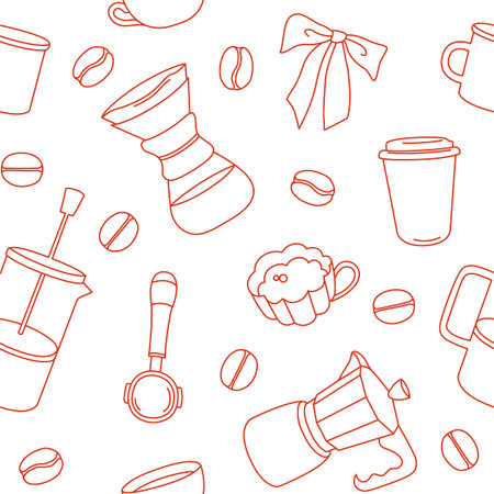 Hand-drawn  pattern made of coffee equipment and coffee beans for cafe or coffee shop branding and packagingのイラスト素材