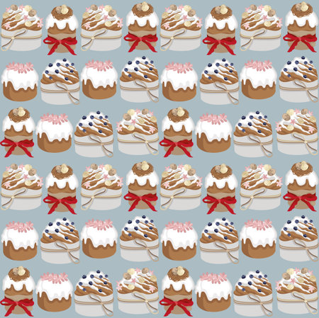 Hand-drawn Easter  pattern made of Easter cakes with different decor and bows, Easter holiday and...