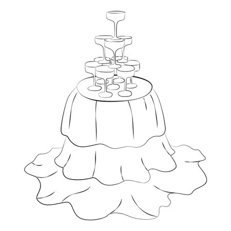 Hand-drawn wedding party decor elements such as champagne tower and round table in rococo style, composition for cards, invitationのイラスト素材