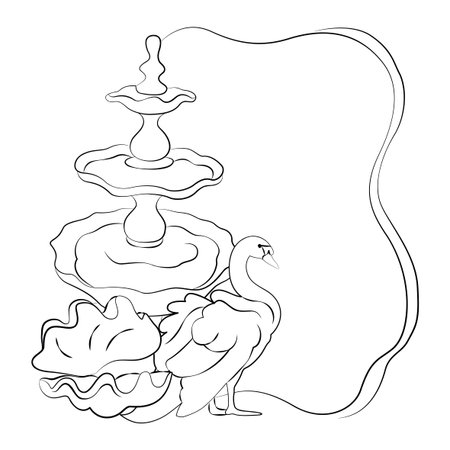Hand-drawn frame template with rococo shell, romantic swan and fountain graphic illustration for wedding decor, cards, menuのイラスト素材