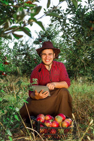 Young happy man in the garden collect ripe apples. Farmer in his own garden looking at tablet.の写真素材