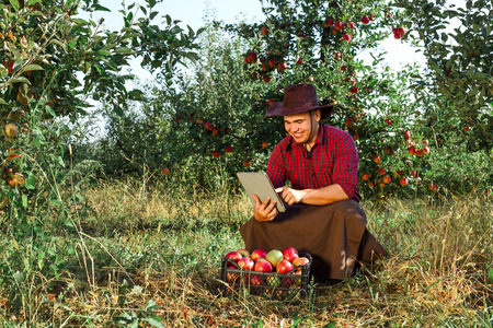 Young happy man in the garden collect ripe apples. Farmer in his own garden looking at tablet.の写真素材