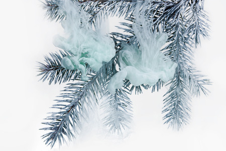 Branches needles with green acrylic paints inside the water on a white background. Watercolor style and abstract image of christmas tree branches.の写真素材