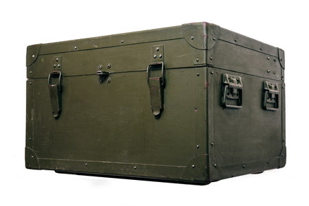 A green military storage box for ammunition. Green box from the war with scratches and locks in front.の写真素材