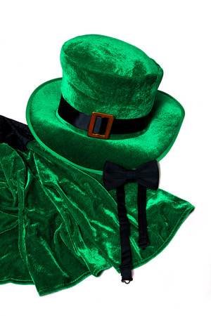 A St. Patrick's day costume hat of a leprechaun. Irish green hat with a tie on a white background.の写真素材