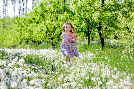 Beautiful girl runs through the garden with white flowers. Happy little baby girl sitting on a green meadow with white flowers dandelions on the nature in the park.の写真素材