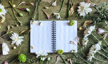 White notebook with white and green flowers on wooden table. Vintage old cards on green old background with wild flowers.の写真素材