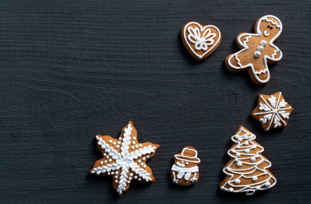 Set Festive New Year Biscuits on Blue Wooden Background, top view.の写真素材