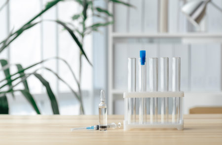 Test tube, ampoule, syringe on the table, concept of global vaccination.の写真素材