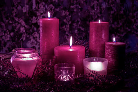 A lot of magic purple candles burn on the black background with flowers.の写真素材