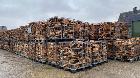 Many Prepared containers with Firewood for sale in storage outside. Package warehouse on the production and procurement of firewood.の写真素材