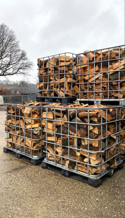 Many Prepared containers with Firewood for sale in storage outside. Package warehouse on the production and procurement of firewood.の写真素材