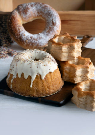 Set cakes, pastries, tart - typical Dutch cookies on the festive table on the Christmas and New Year.の写真素材