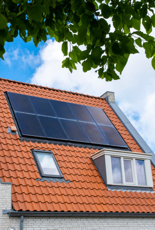 Solar Panel on The House Roof, Alternative Generator Energy in The Hague, Netherlandsの写真素材