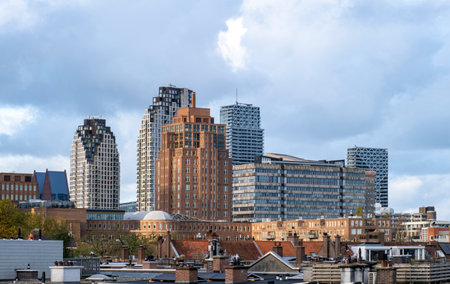 Silhouette of Netherlands famous city The Hague in the morning with buildings on the bright blue sky.の写真素材