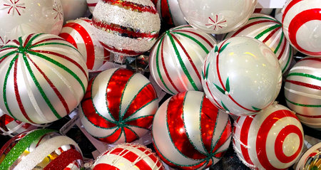 Background of white and red Christmas toys. New Year, top view, close-upの写真素材