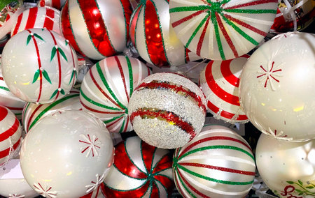 Background of white and red Christmas toys. New Year, top view, close-upの写真素材