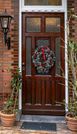 A typical festive wreath on a front door in the Netherlands during Christmas and New Year celebrations.の写真素材