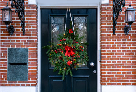 A typical festive wreath on a front door in the Netherlands during Christmas and New Year celebrations.の写真素材