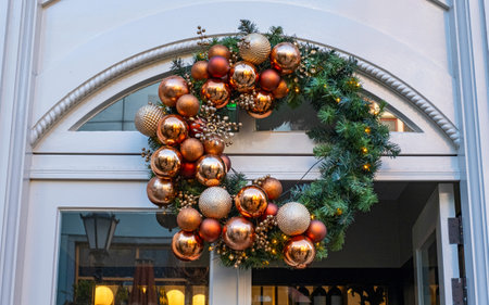 A typical festive wreath on a front door in the Netherlands during Christmas and New Year celebrations.の写真素材