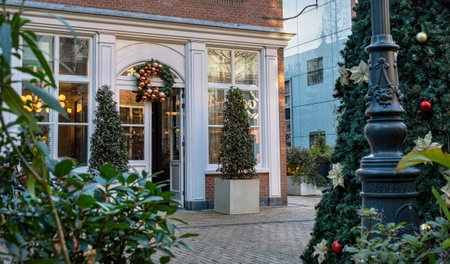 Cozy entrance to cafe or shop with Christmas decorations tree and wreath on front doors in The Hague Europeの写真素材