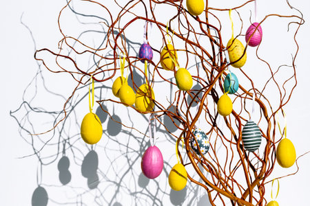 Thin spring branches with yellow and pink eggs on a white background with a bright sun as a symbol of the Easter holiday in Europe, Netherlandsの写真素材