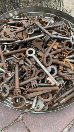 Many old copper iron keys covered with patina, old Dutch vintage keys, top viewの写真素材