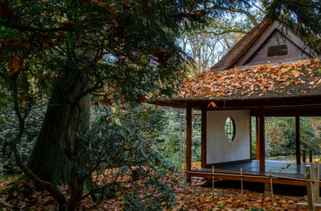 The Japanese Garden in The Hague, Netherlands. Sunny autumn day in the vintage old parkの写真素材