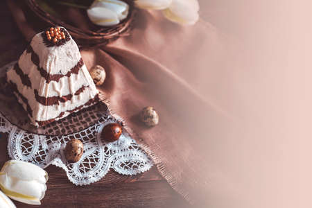 Paskha. Traditional Russian Easter cottage cheese dessert with chocolate, candied fruits. Easter...