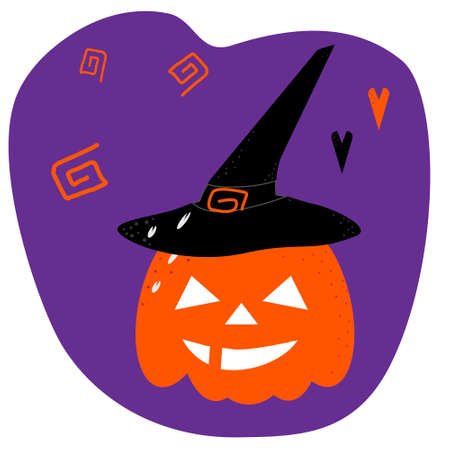 Orange pumpkin on Halloween in a black witch hat and two hearts on a purple backgroundのイラスト素材