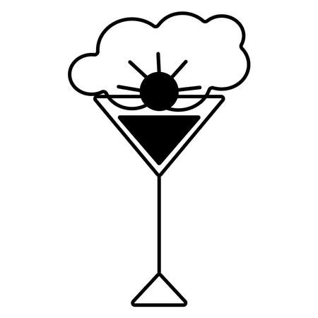 Black and white with images of a filled cocktail glass with the sun on a cloud background. Icon.のイラスト素材
