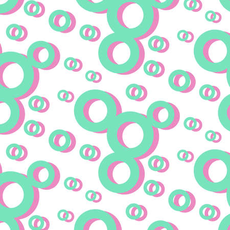 Seamless pattern of simple geometric shapes in green and pink hues. Abstract background texture.