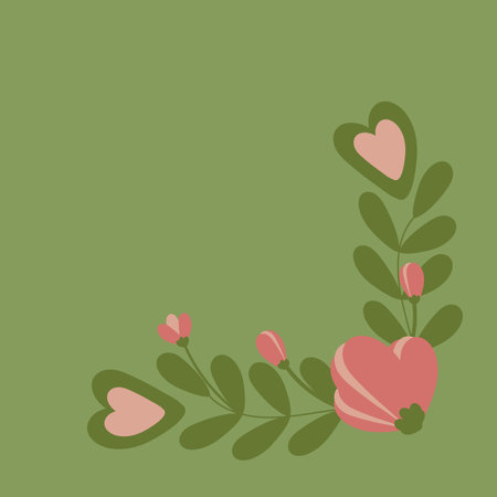 Spring corner composition of leaves, hearts, flowers, buds in cartoon style on a green background.のイラスト素材