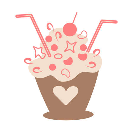 Coffee dessert in a cup with decorations and straws for a cocktail cartoon style. Isolate.のイラスト素材