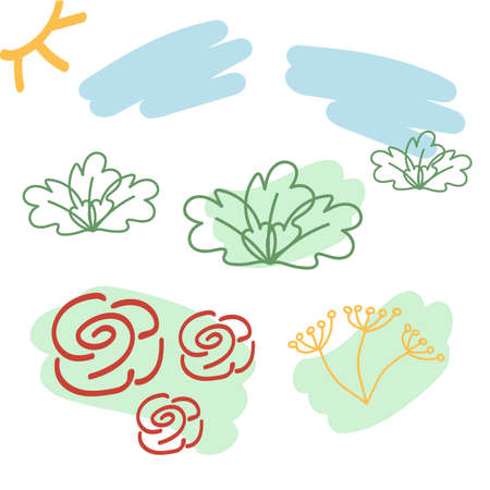 Abstract set of floral elements. Outline drawing by hand. silhouette lines. Lifestyle.のイラスト素材